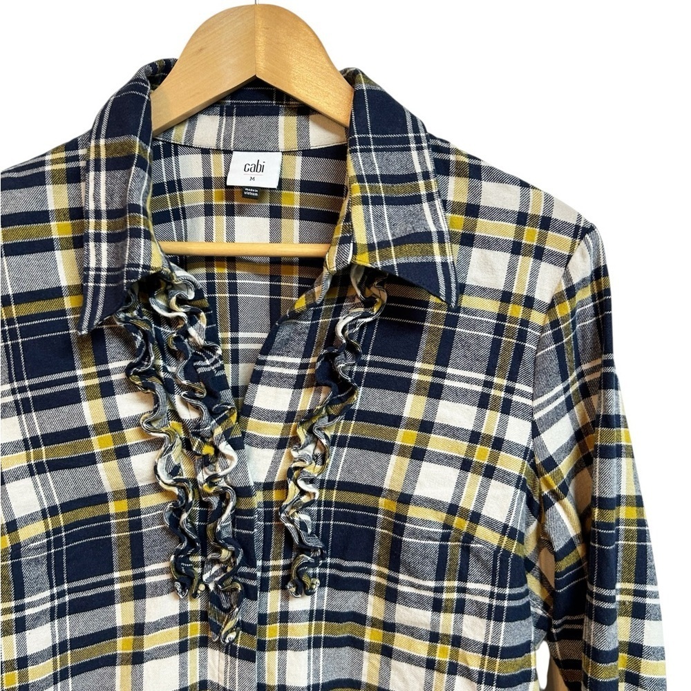 CAbi Seattle Shirt Women's Medium Plaid Flannel Ruffle Button Down Blue Yellow - Picture 5 of 9